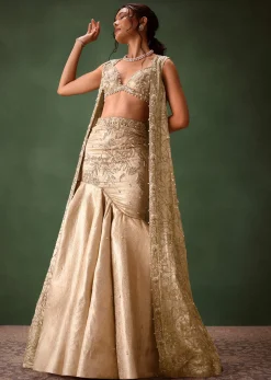 Gold Banarasi Embroidered Long Jacket With Sleeveless Blouse And Fishcut Lehenga