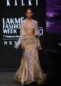 Gold Banarasi Embroidered Blouse And Fishcut Lehenga With Cropped Jacket