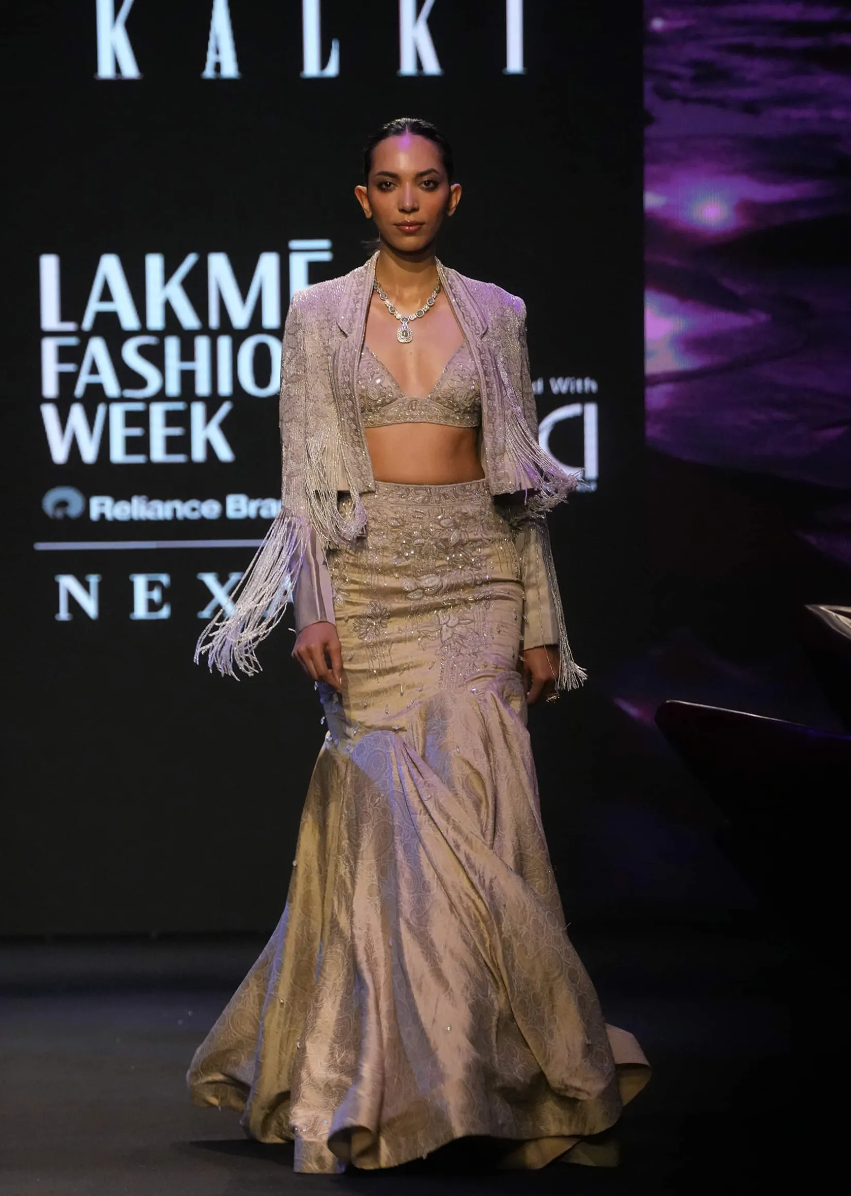 Gold Banarasi Embroidered Blouse And Fishcut Lehenga With Cropped Jacket