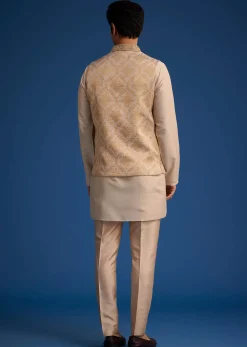 Gold Beige Banarasi Silk Kurta Jacket Set With Self Work