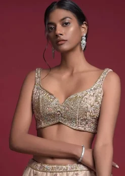 Gold Beige Blouse In Raw Silk With Sweetheart Neckline And Embroidered Floral And Checks Pattern