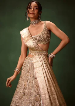 Gold Beige Chanderi Silk Lehenga Set With Embroidered Jacket And Dupatta
