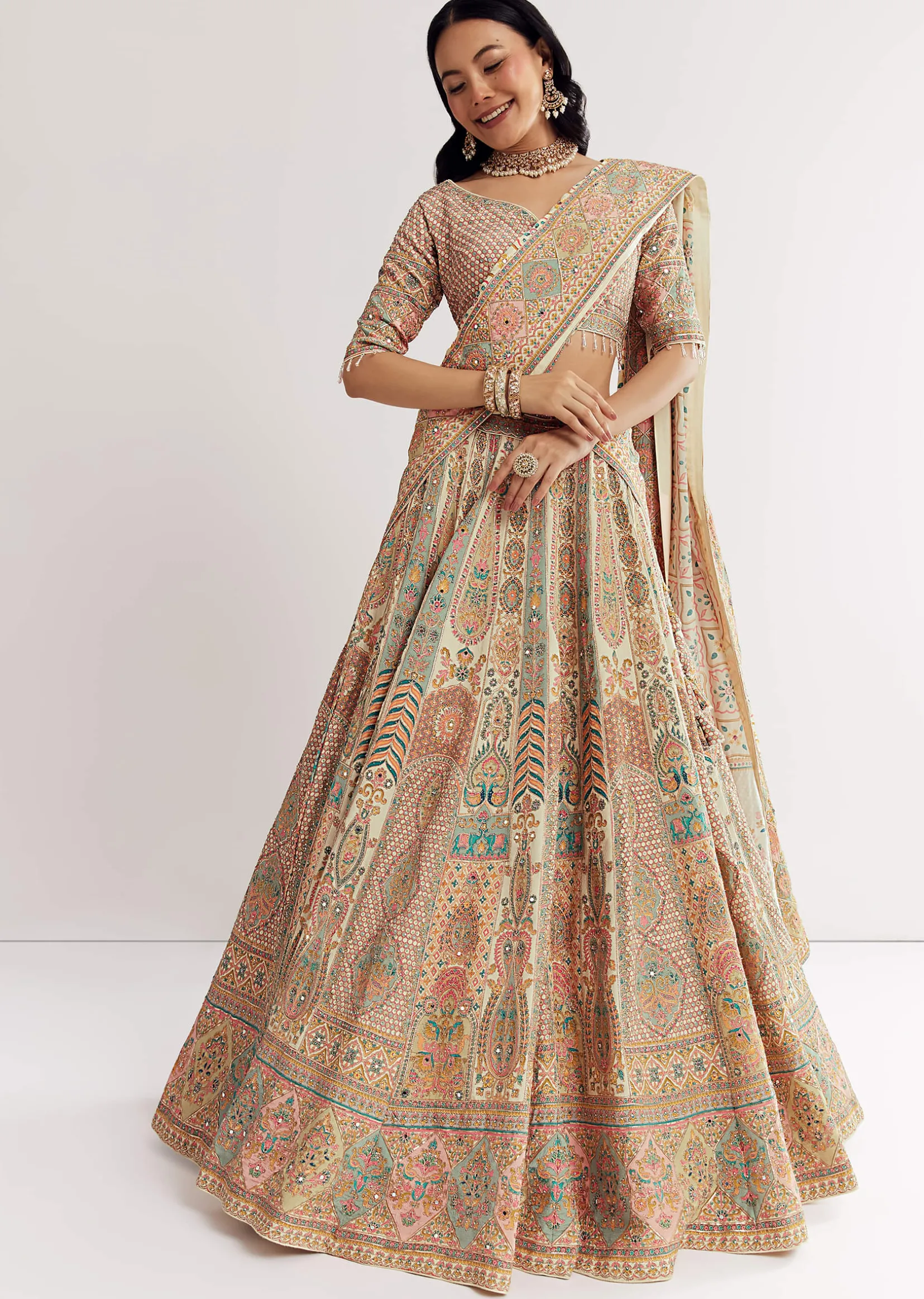 Gold Beige Georgette Printed Lehenga With Cutdana And Stone Work