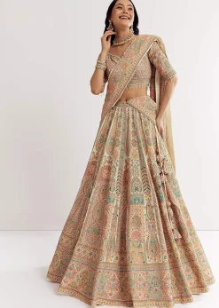 Gold Beige Georgette Printed Lehenga With Cutdana And Stone Work