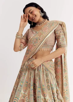 Gold Beige Georgette Printed Lehenga With Cutdana And Stone Work