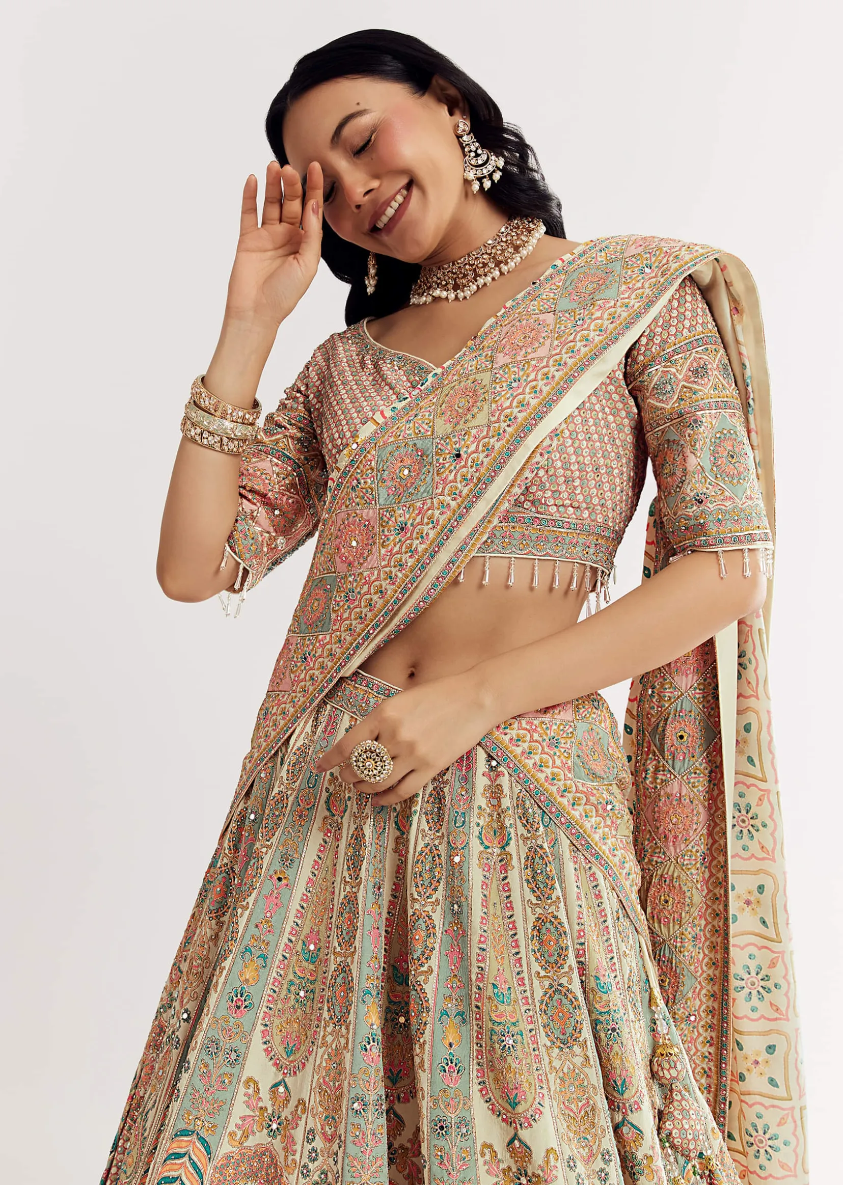 Gold Beige Georgette Printed Lehenga With Cutdana And Stone Work