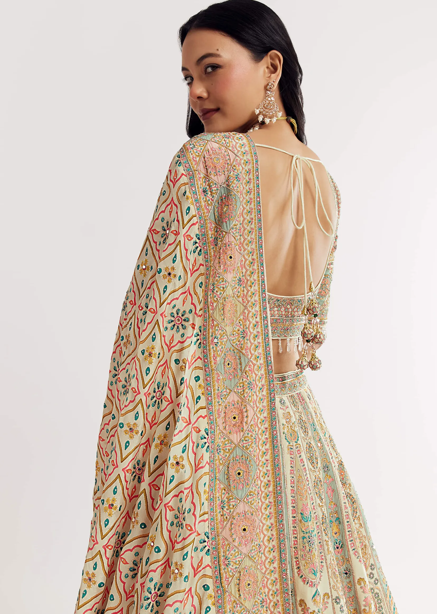 Gold Beige Georgette Printed Lehenga With Cutdana And Stone Work