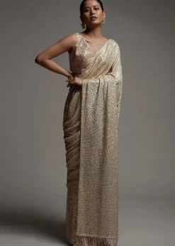 Gold Beige Saree Embellished In Sequins With Fringes On The Pallu And Unstitched Blouse