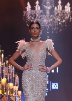 Gold Bodycon Gown With Layered Detail And 3D Feathers