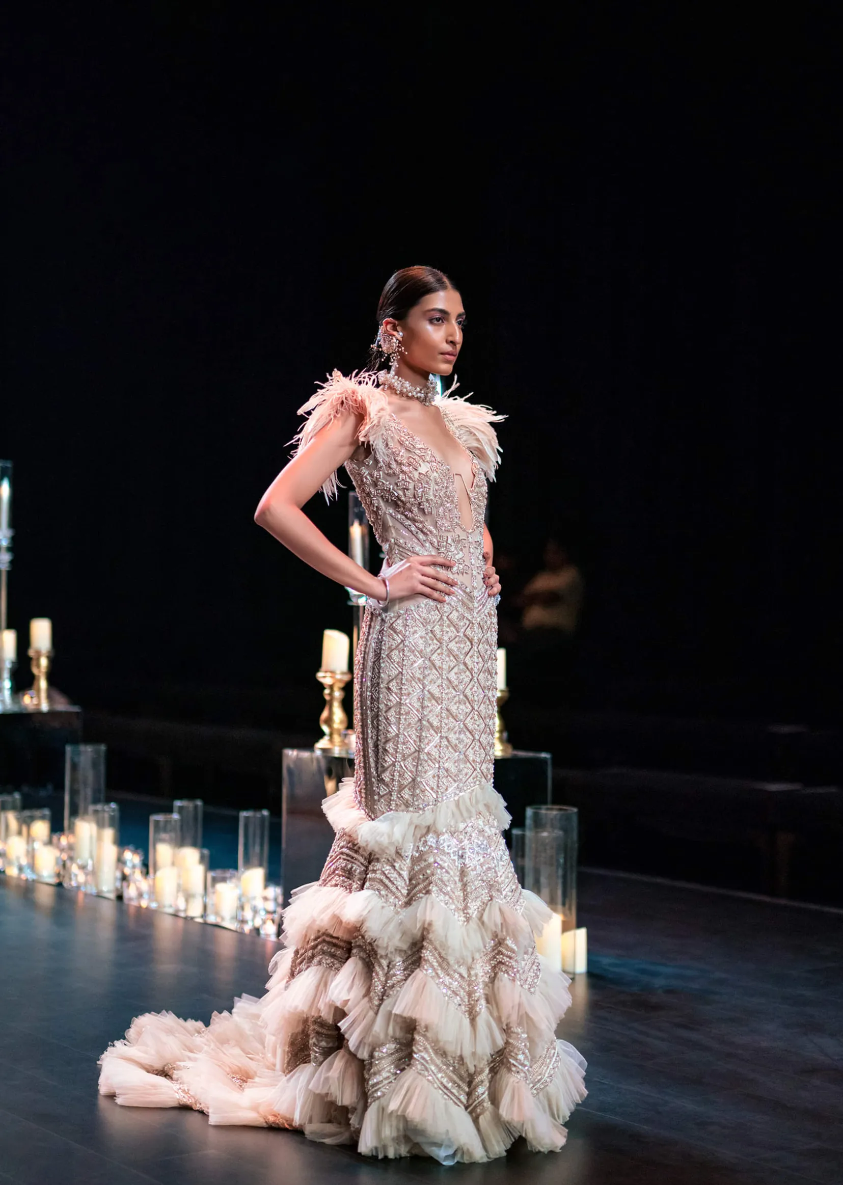 Gold Bodycon Gown With Layered Detail And 3D Feathers