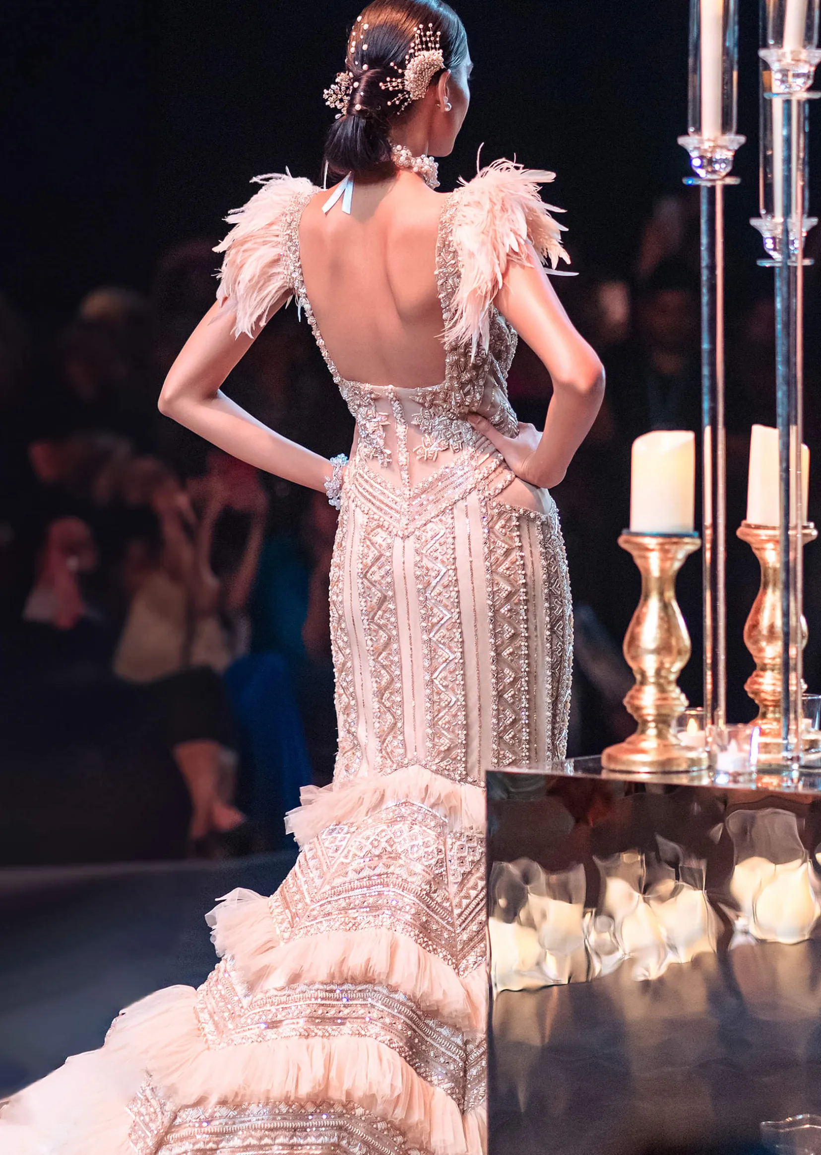 Gold Bodycon Gown With Layered Detail And 3D Feathers