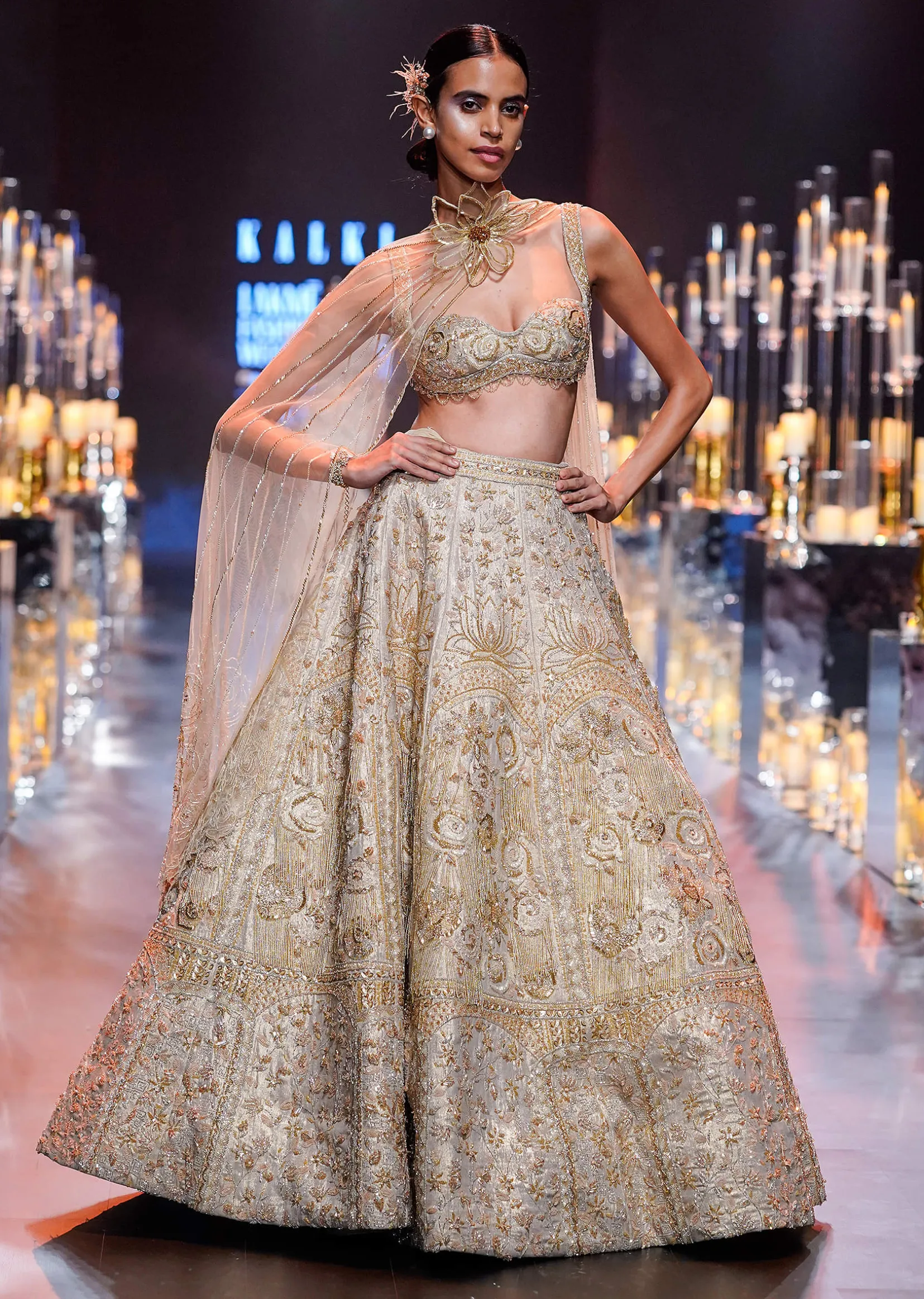 Gold Bridal Lehenga Set With Floral Motifs And Sequin Embroidery