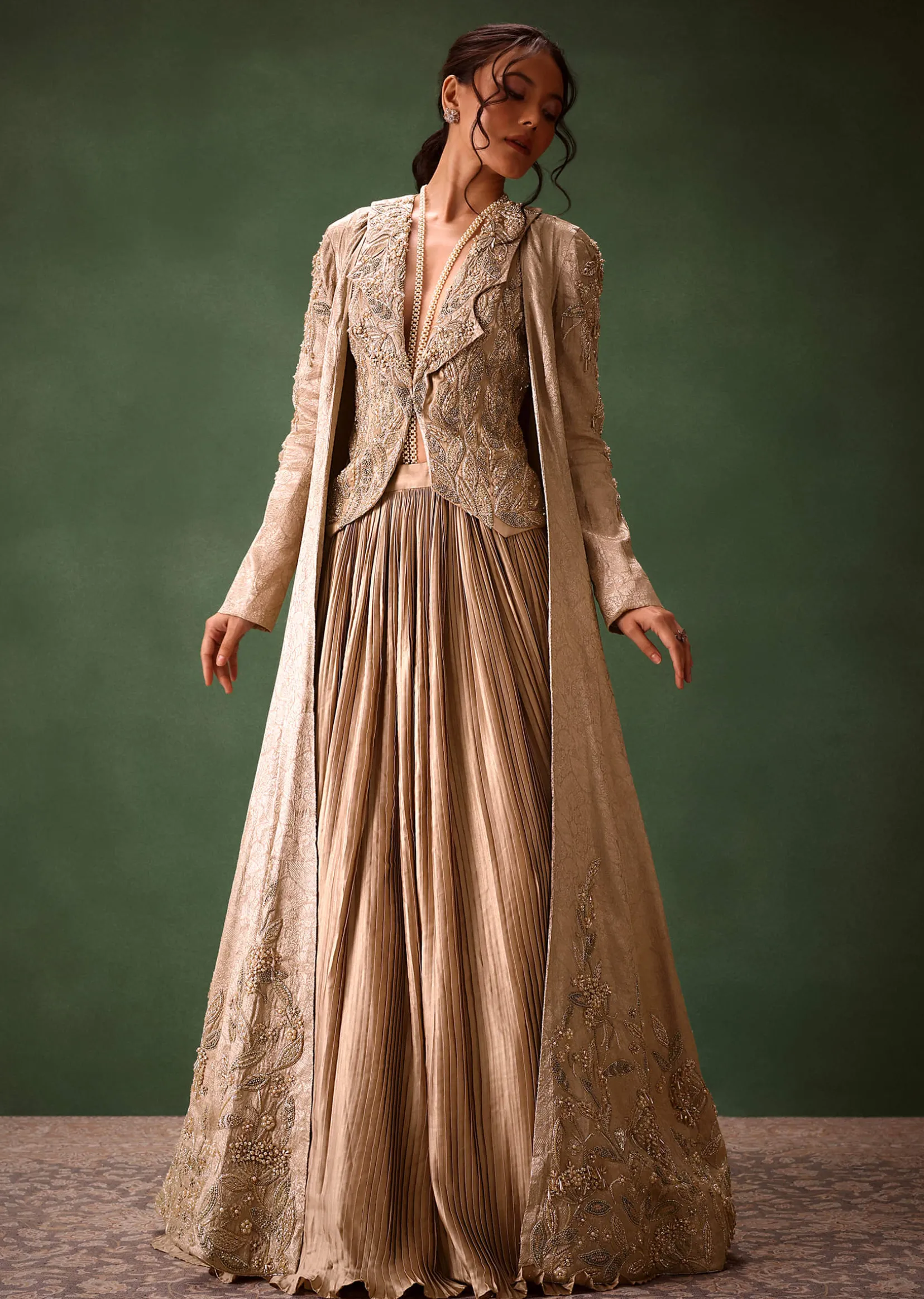 Gold Brocade Jacket And Rushing Skirt Suit