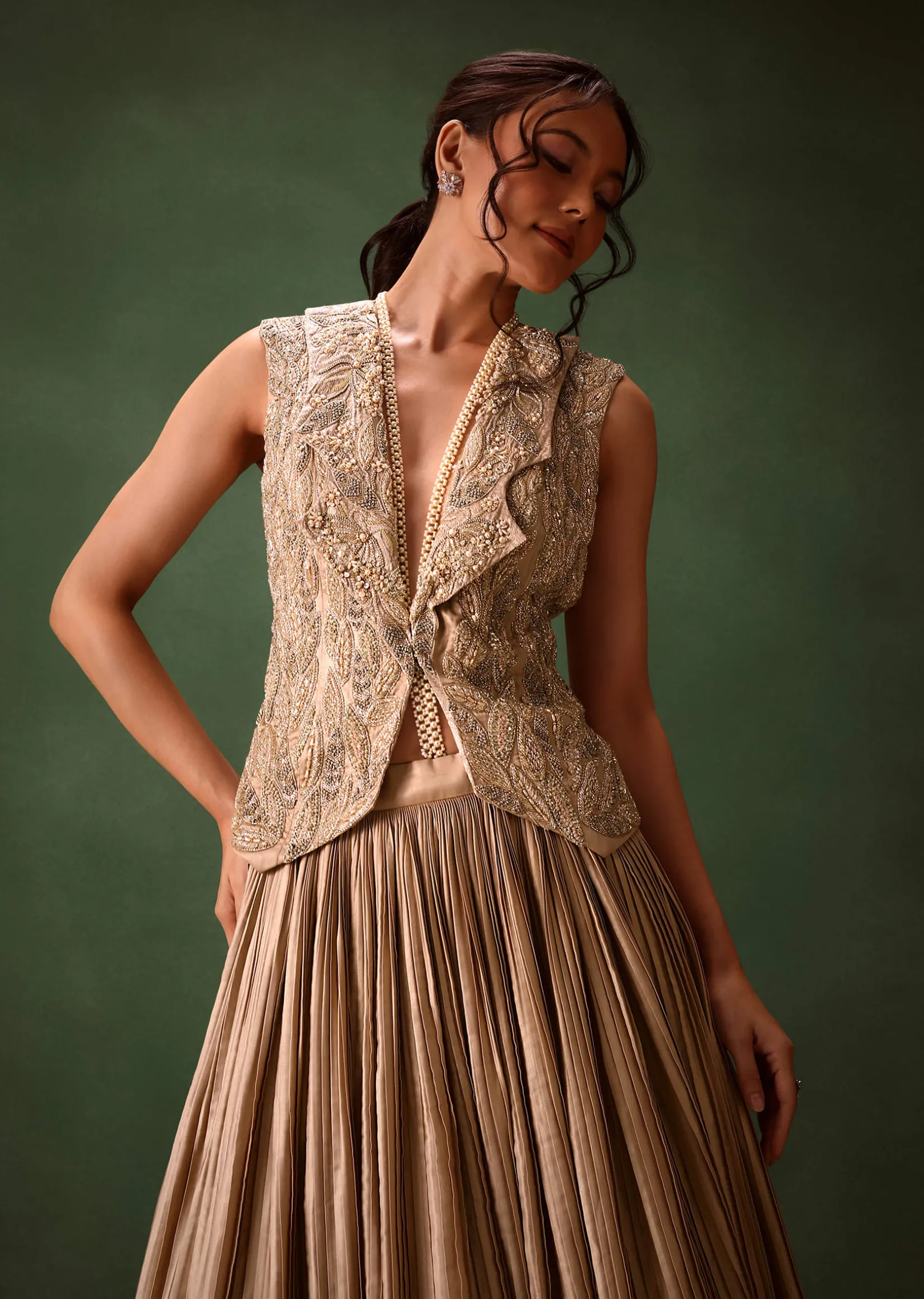 Gold Brocade Jacket And Rushing Skirt Suit