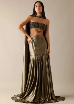 Gold Chain Tassel Blouse And Fishcut Draped Lehenga Set