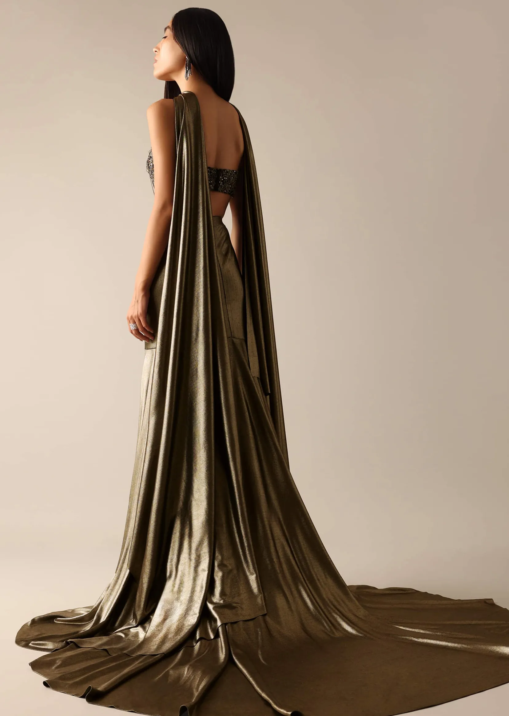 Gold Chain Tassel Blouse And Fishcut Draped Lehenga Set