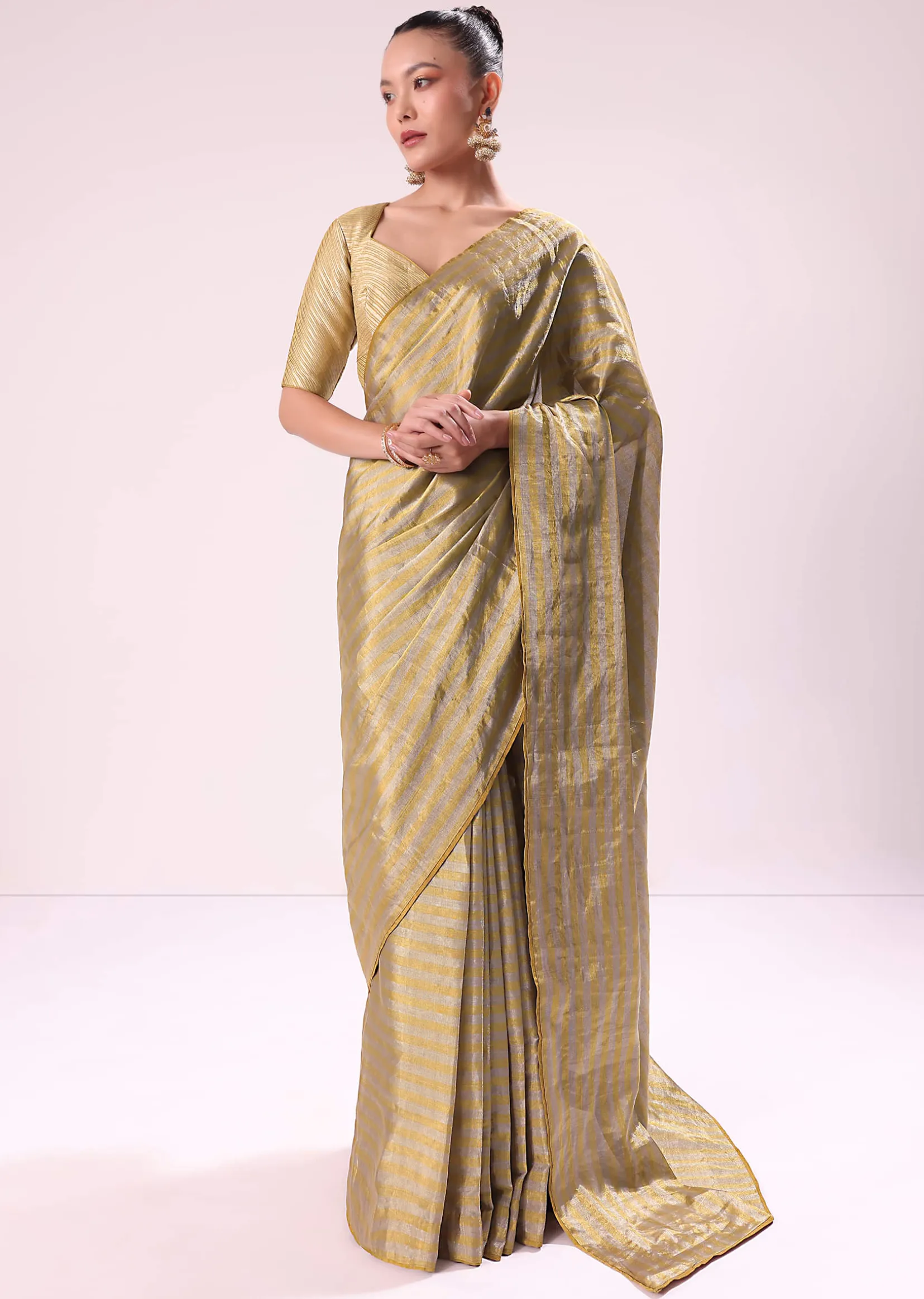 Gold Chanderi Tissue Saree With Pipe Finish Stitched Blouse