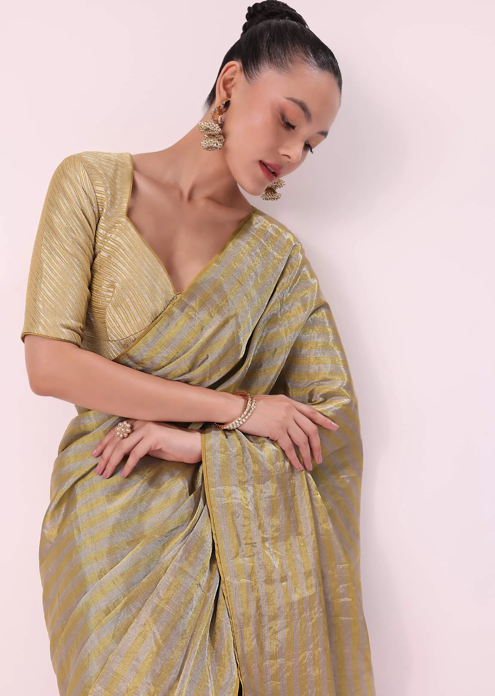 Gold Chanderi Tissue Saree With Pipe Finish Stitched Blouse