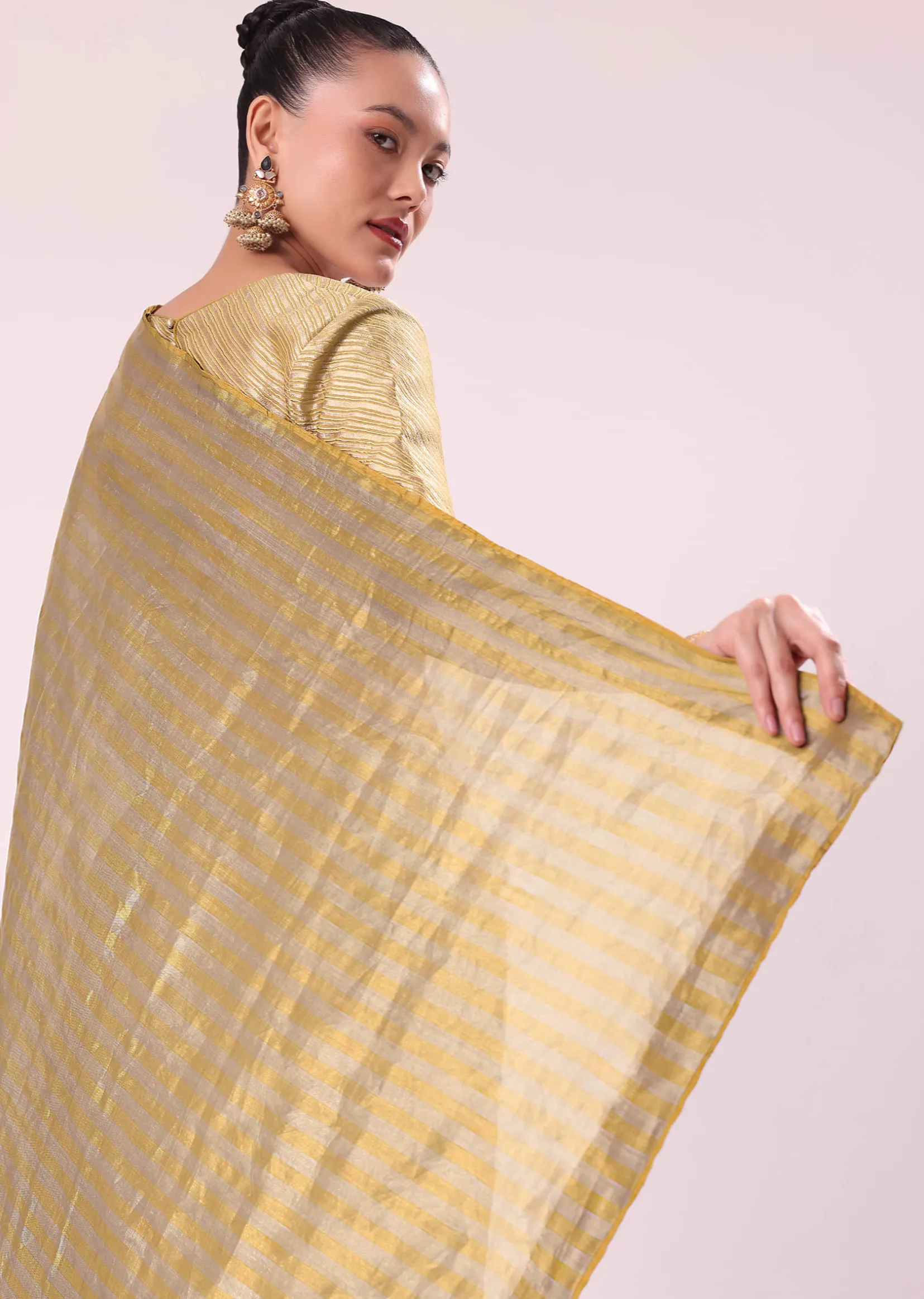 Gold Chanderi Tissue Saree With Pipe Finish Stitched Blouse