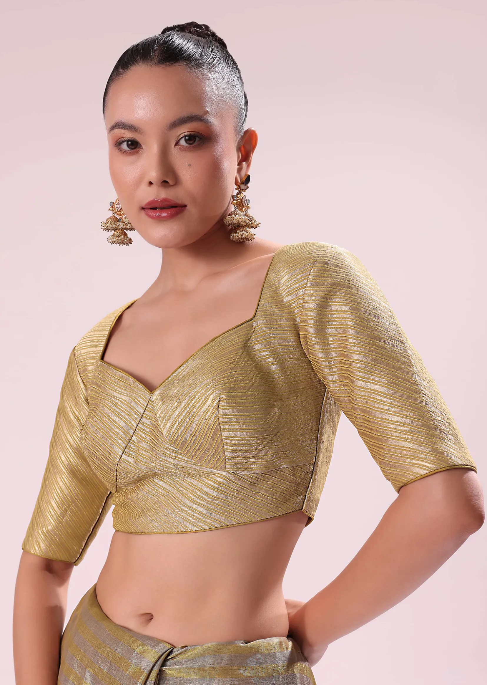 Gold Chanderi Tissue Saree With Pipe Finish Stitched Blouse