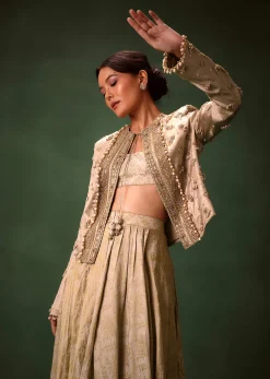 Gold Cowl Dhoti Drape Skirt With Heavy Embroidered Jacket