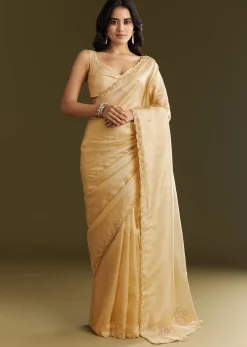 Gold Crushed Tissue Saree With Floral Embroidery And Scallop Border