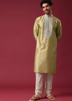 Gold Embroidered Kurta Set In Silk