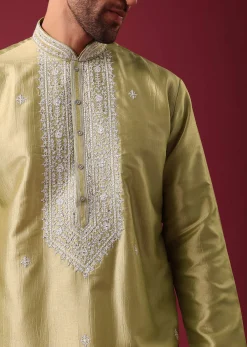 Gold Embroidered Kurta Set In Silk