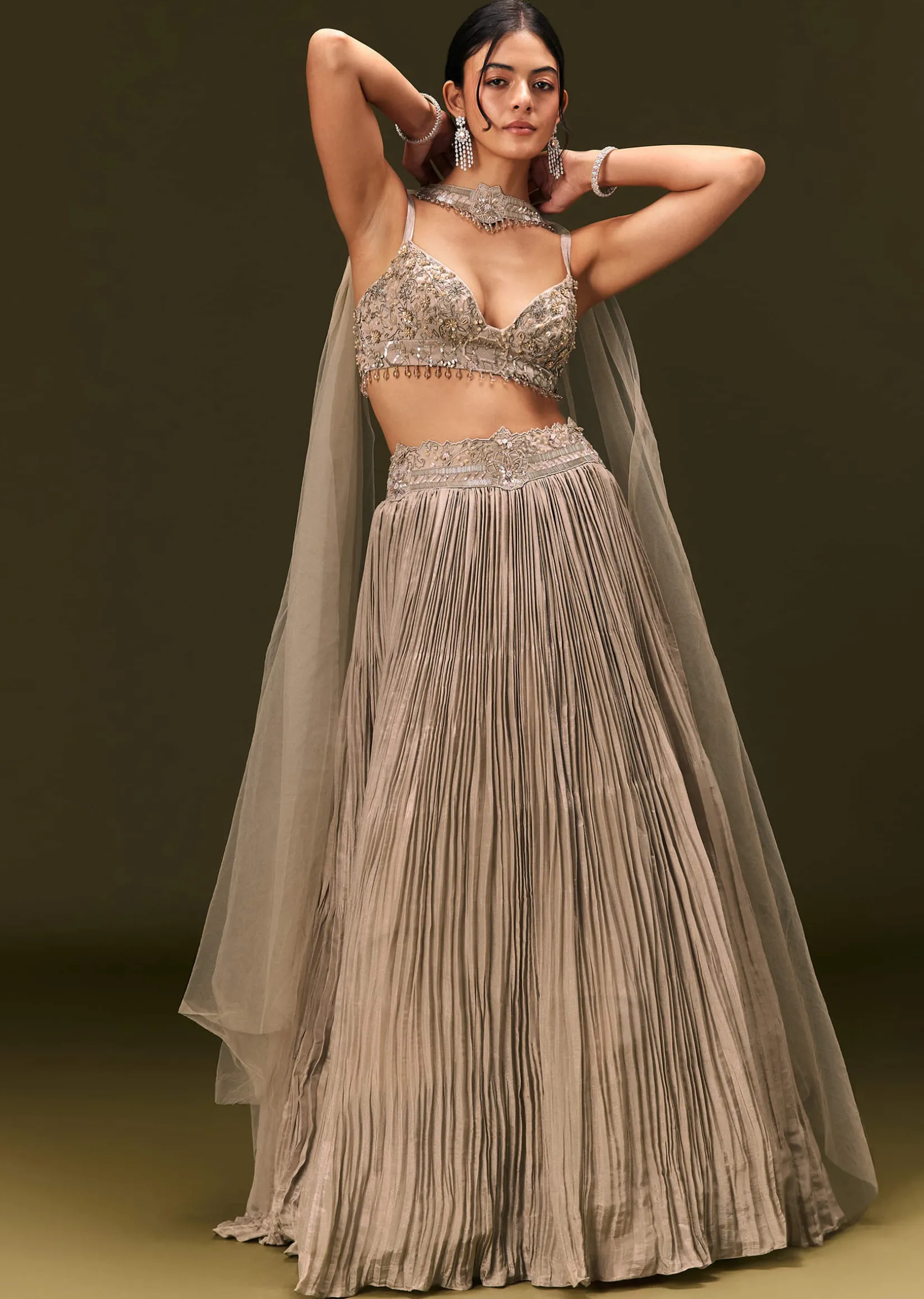 Gold Embroidered Sweetheart Neck Blouse With Lehenga And Choker Dupatta
