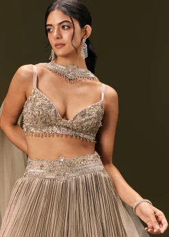 Gold Embroidered Sweetheart Neck Blouse With Lehenga And Choker Dupatta