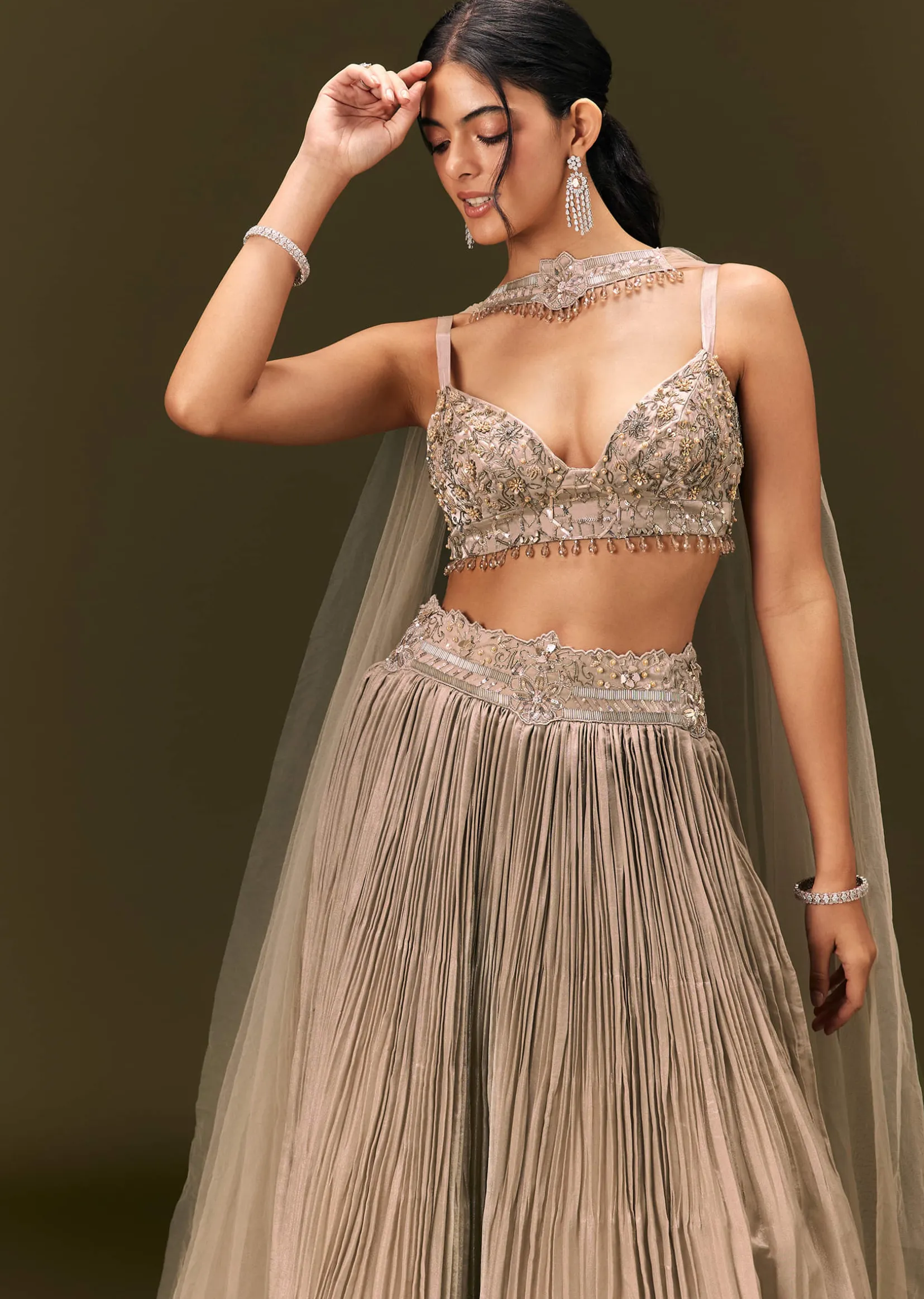 Gold Embroidered Sweetheart Neck Blouse With Lehenga And Choker Dupatta