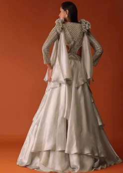 Gold Embroidered Western Bridal Gown In Organza With Shoulder Wings
