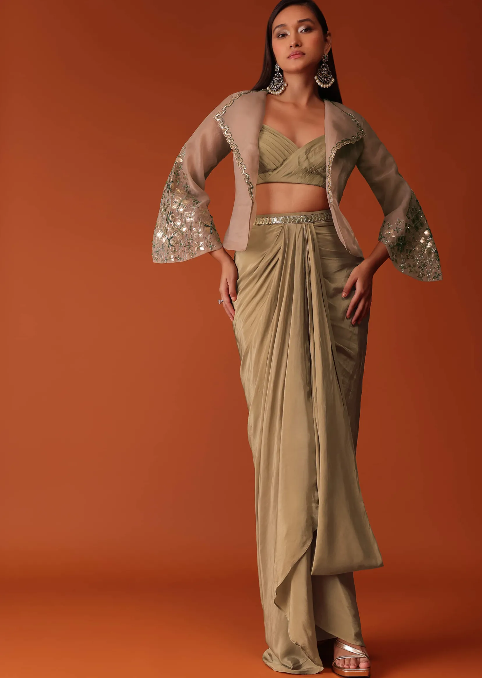 Gold Festive Dhoti Suit Set In Crepe With Foil Embroidery