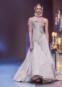 Gold Flared Ball Gown In Art Silk With Asymmetric Detail
