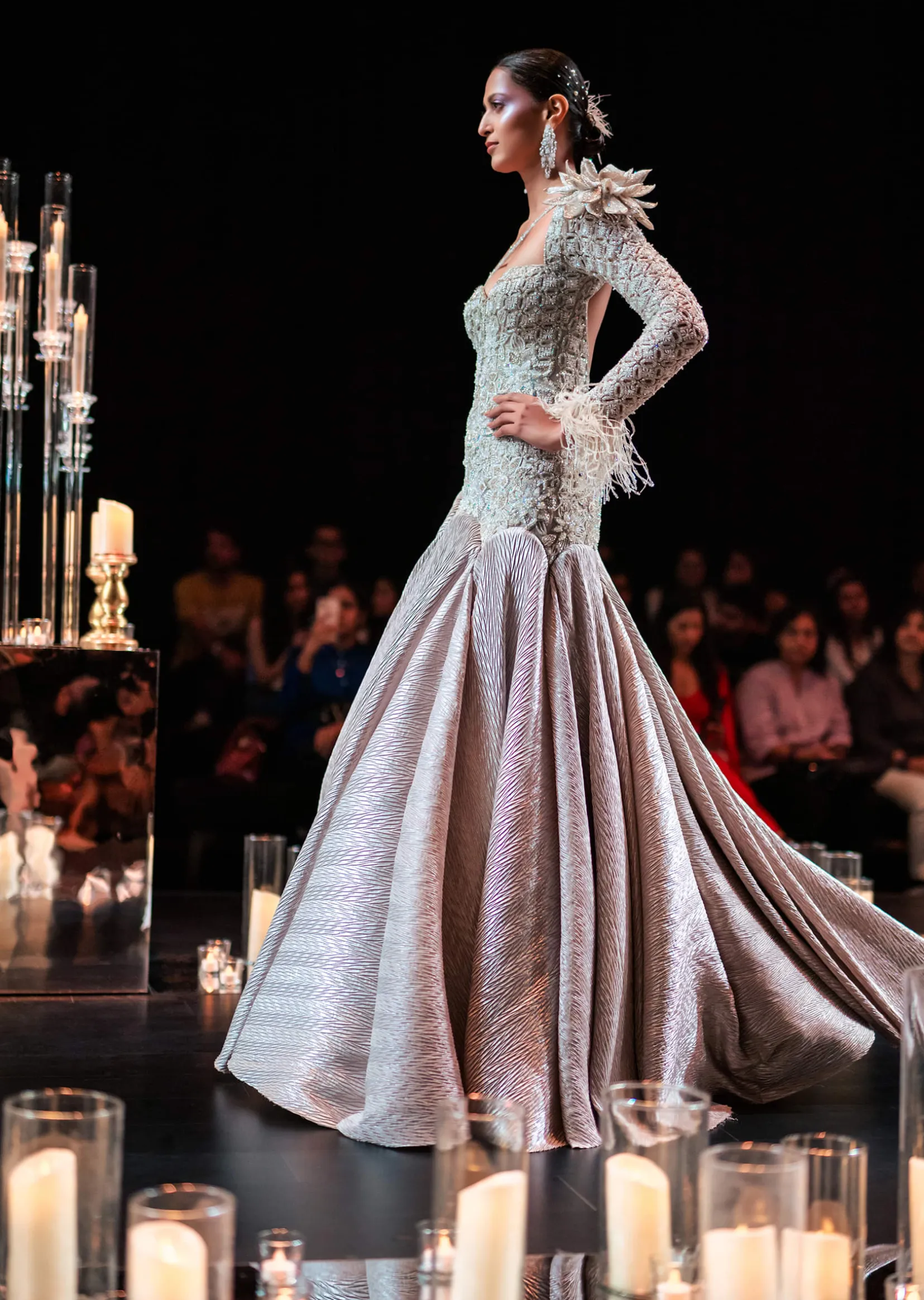 Gold Flared One Shoulder Gown With Asymmetric Detail And 3D Flower