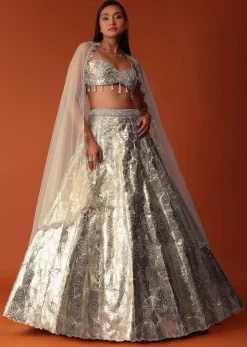 Gold Foil Embroidered Bridal Lehenga Set In Organza