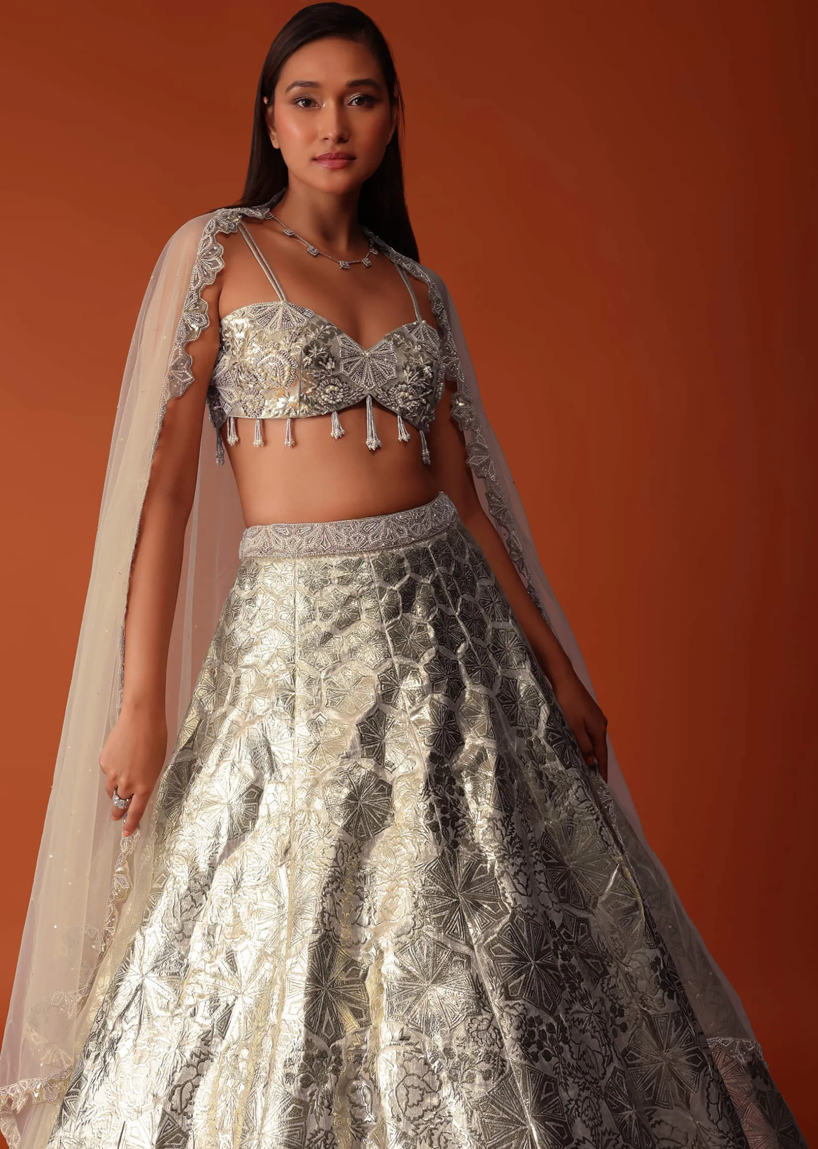 Gold Foil Embroidered Bridal Lehenga Set In Organza