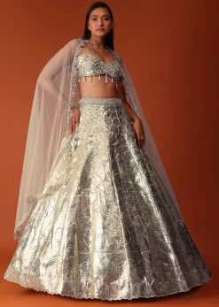 Gold Foil Embroidered Bridal Lehenga Set In Organza