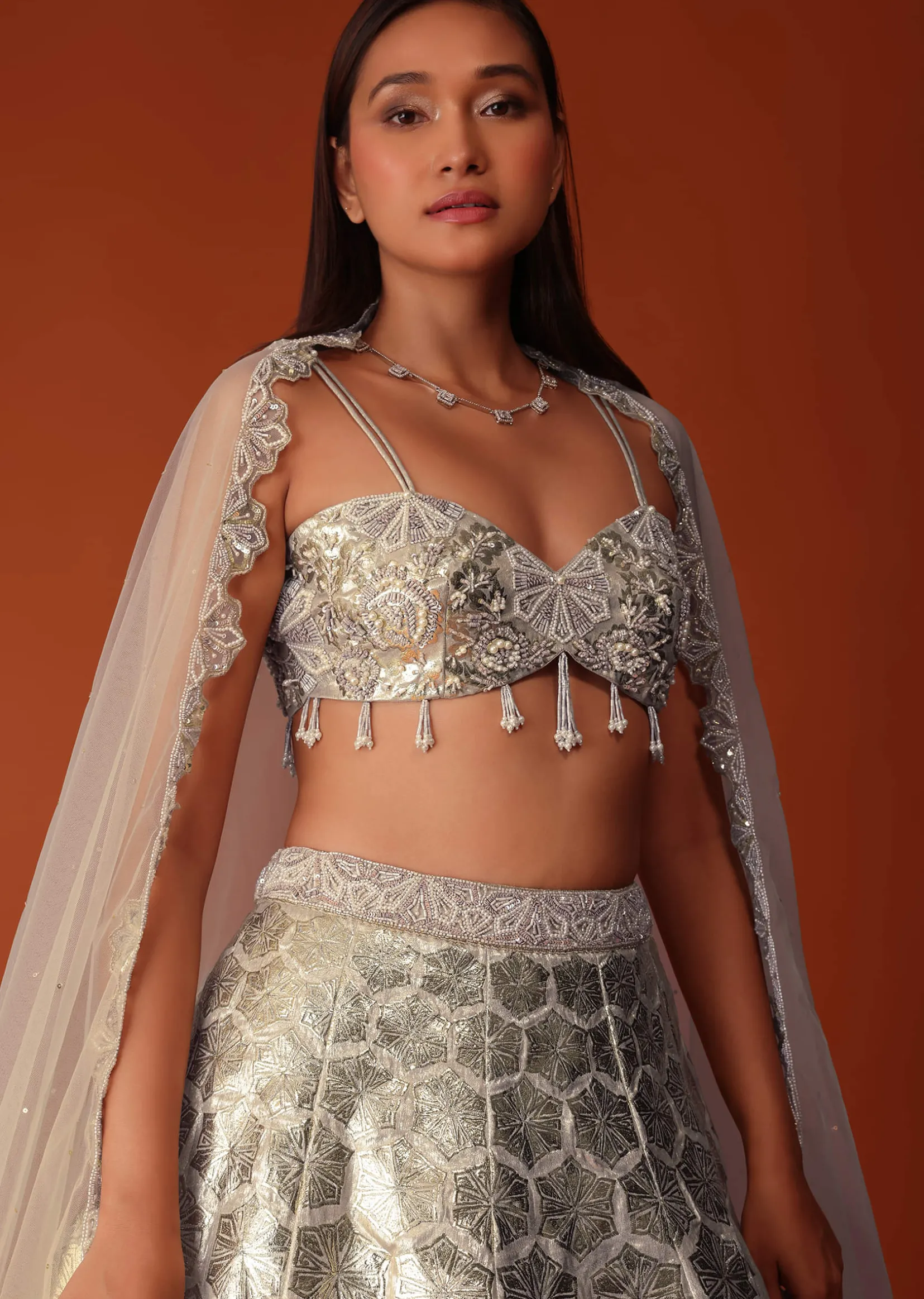 Gold Foil Embroidered Bridal Lehenga Set In Organza