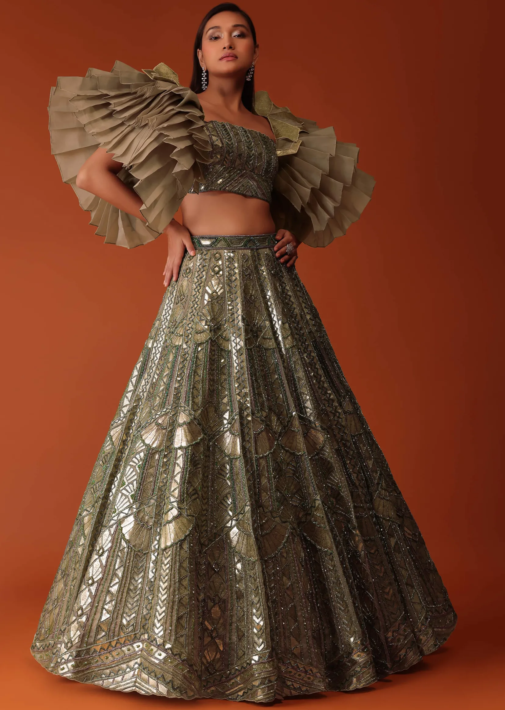 Gold Foil Hand Embroidered Bridal Lehenga And Blouse With Frill Sleeves