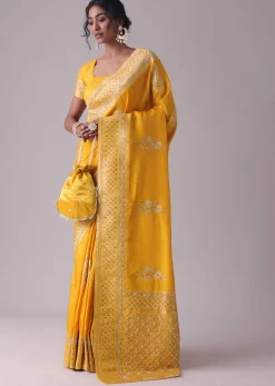 Gold Fusion Yellow Embroidered Saree In Khadi Silk