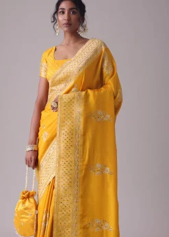 Gold Fusion Yellow Embroidered Saree In Khadi Silk