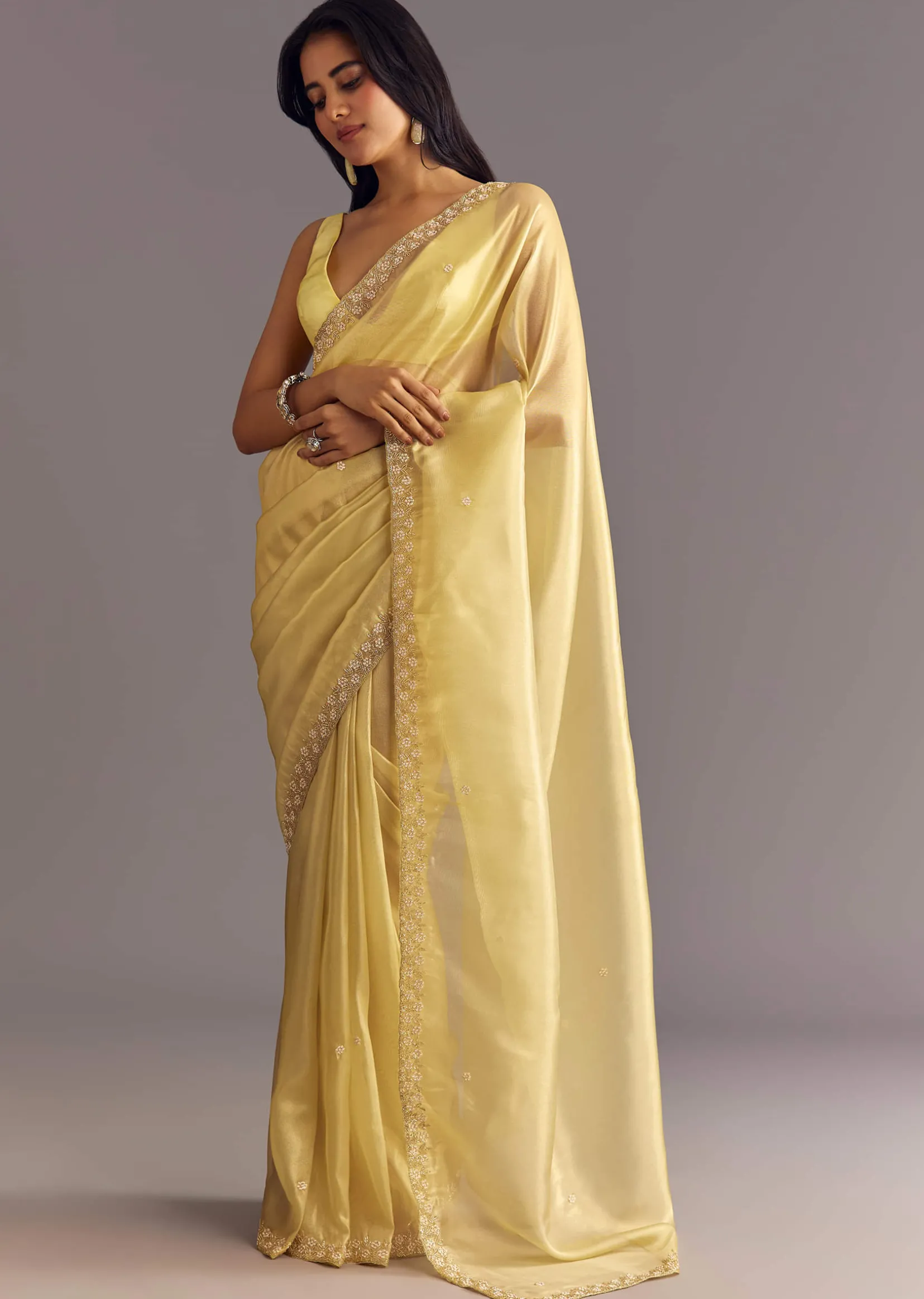 Gold Glossy Tissue Saree With Floral Cutdana And Moti Embroidery