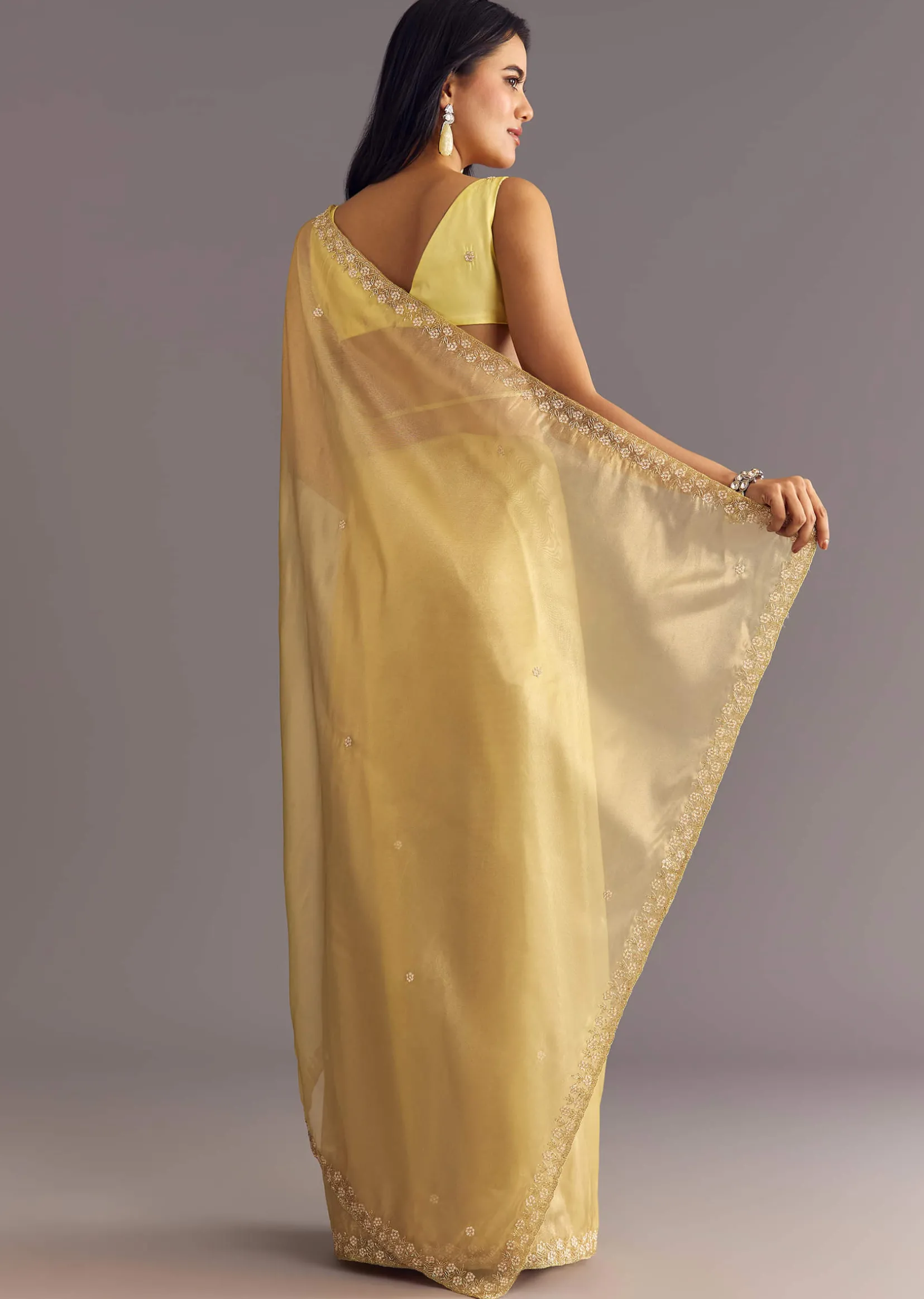 Gold Glossy Tissue Saree With Floral Cutdana And Moti Embroidery