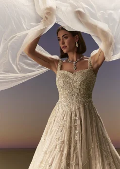Gold Gown With Pleated Panels And Dramatic Cape