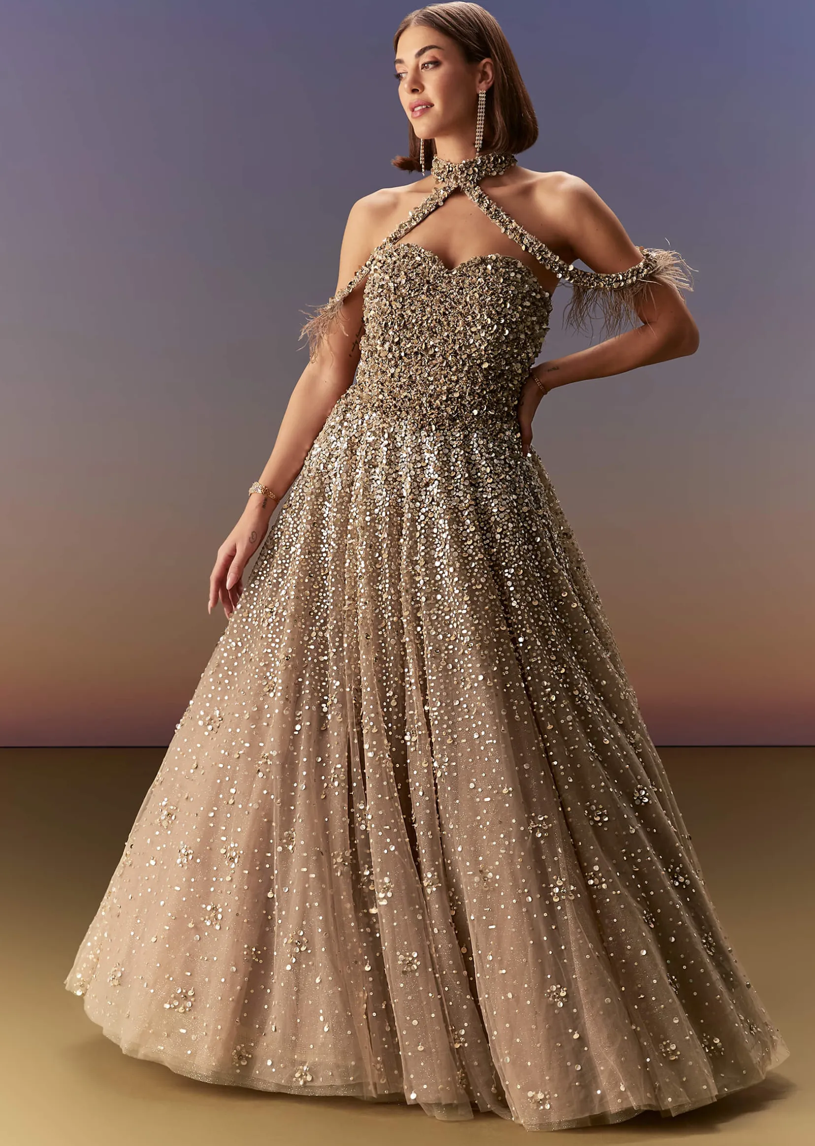 Gold Halter Neck Gown With Cut Out Back And Embellished Bodice