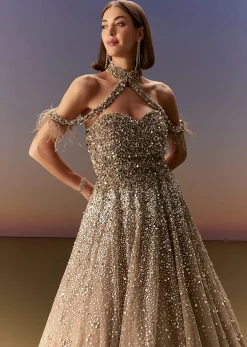 Gold Halter Neck Gown With Cut Out Back And Embellished Bodice