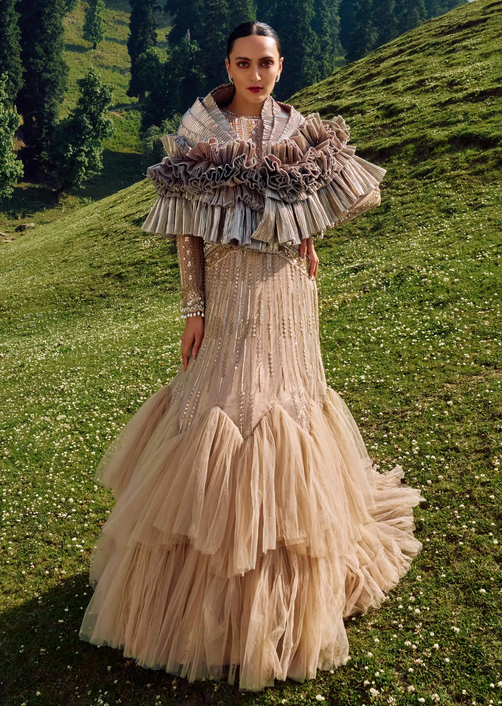 Gold Hand Embroidered Bridal Gown With Attached Cape