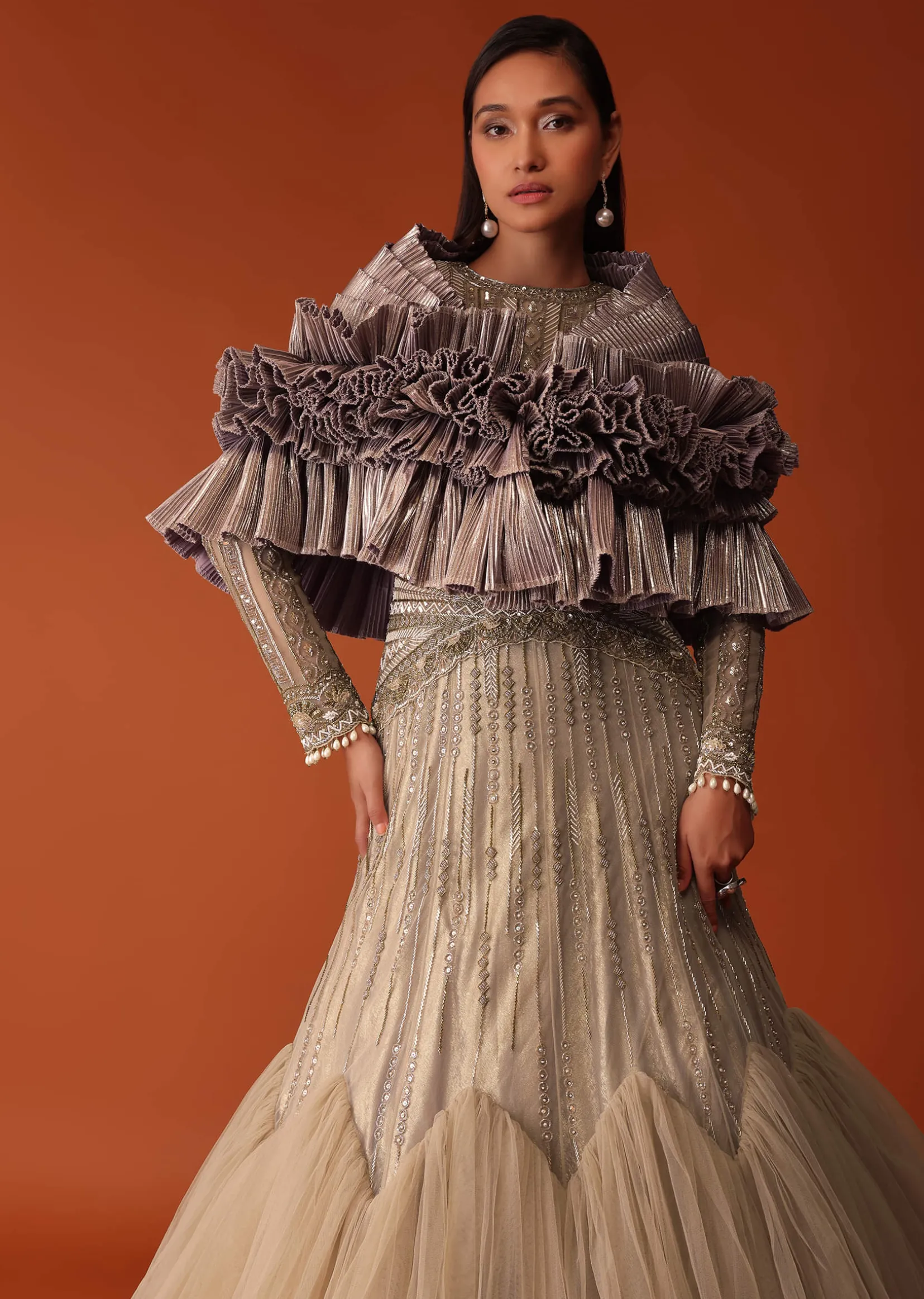 Gold Hand Embroidered Bridal Gown With Attached Cape