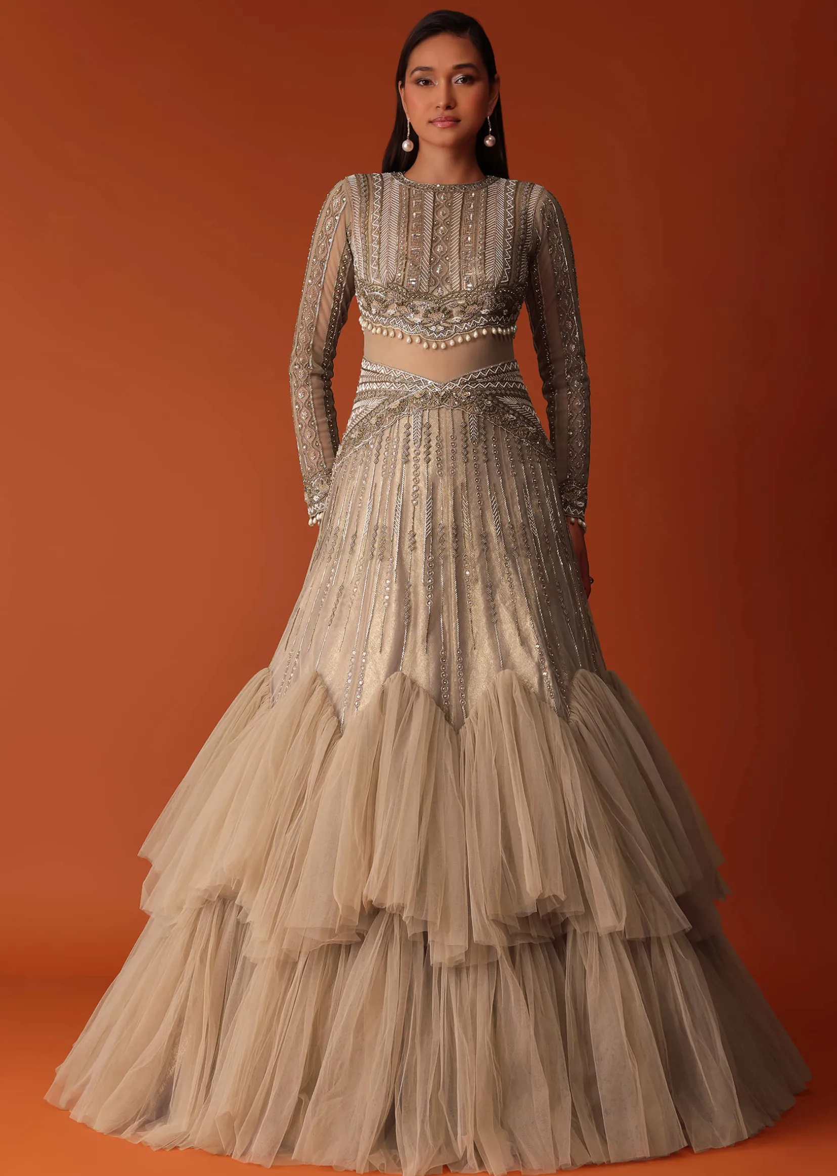 Gold Hand Embroidered Bridal Gown With Attached Cape